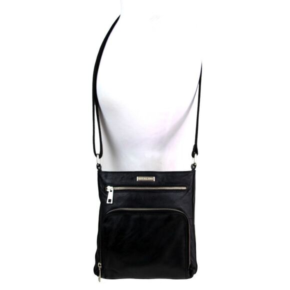 ESTALON BLACK GENUINE LEATHER ZIP TOP CROSSBODY MESSENDGER SHOULDER BAG PURSE - Picture 2 of 15